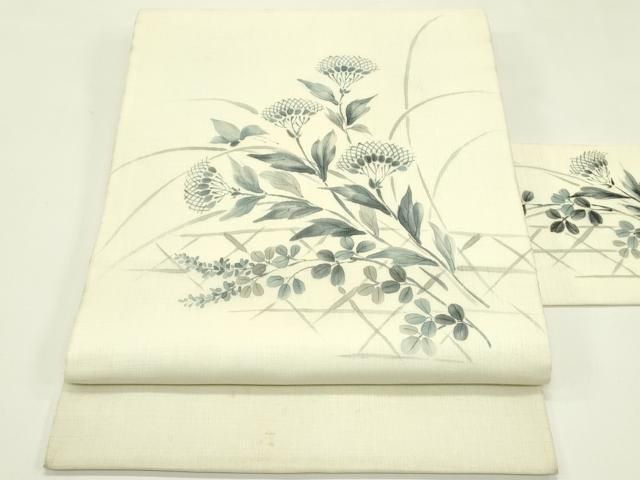 平和屋着物＊夏物　九寸名古屋帯　手描き　籠目秋草文　CABI5550rv