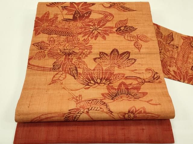 平和屋着物＊夏物　九寸名古屋帯　生紬　型染め　飛鶴風景花文　正絹　逸品　CABI5552rv