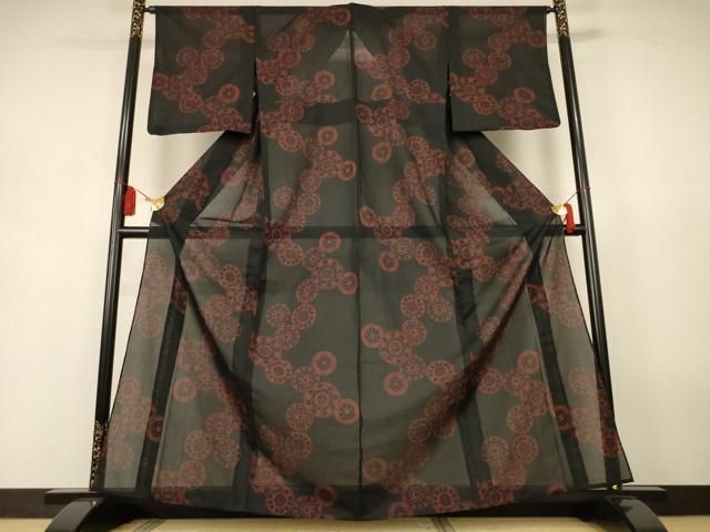 平和屋着物＊夏物　小紋　紗　花丸文　黒地　洗える着物　AABJ9125jd