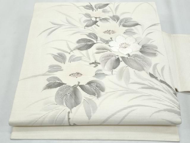 平和屋着物＊夏物　九寸名古屋帯　作家物　手描き　刺繍　枝花文　銀糸　正絹　逸品　CABI5823fb