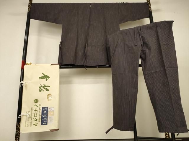 平和屋着物＊夏物　小千谷　紺仁　越後片貝木綿　作務衣　縞　証紙・たとう紙付き　木綿　逸品　AABJ9091jd