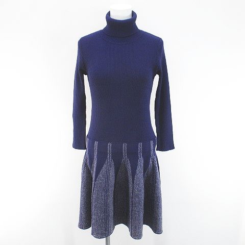 ランバンオンブルー LANVIN en Bleu 長袖 膝丈 フレアワンピース ニットワンピース ワンピース タートルネック 38 紫系 パープル 日本製 毛 ウール 総柄