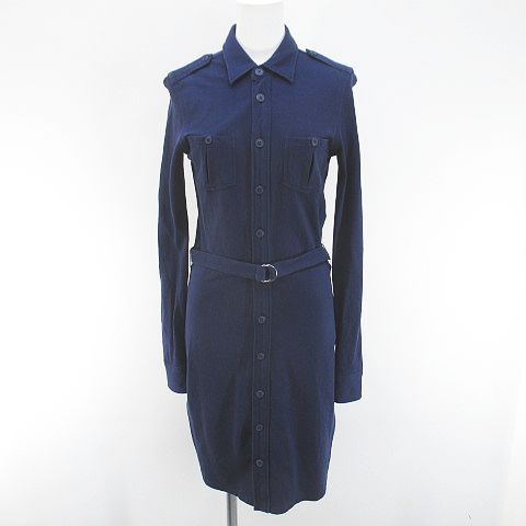 ラルフローレン RALPH LAUREN 長袖 膝丈 シャツワンピース ワンピース M 紺系 ネイビー ストレッチ ベルト 胸ポケット 無地