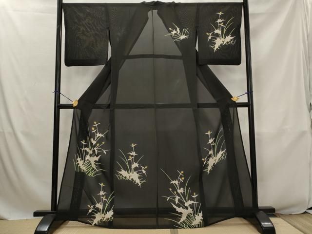 平和屋着物＊夏物　訪問着　絽　草花文　黒地　正絹　逸品　AABJ8815st