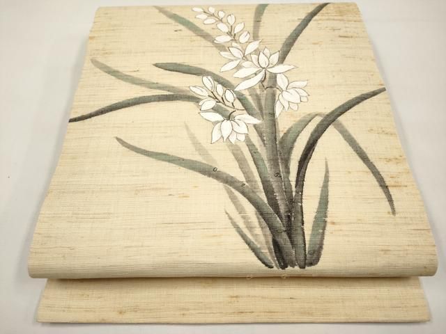 平和屋着物＊夏物 九寸開き名古屋帯 手描き 草花文 麻 逸品 CABI8594tx