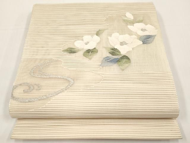 平和屋着物＊夏物　八寸名古屋帯　絽綴れ　流水草花文　銀糸　正絹　逸品　CABI8609tx