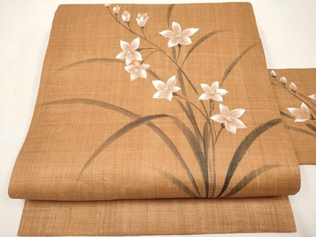 平和屋着物＊夏物　九寸名古屋帯　手描き　桔梗　麻　逸品　CABI8612tx