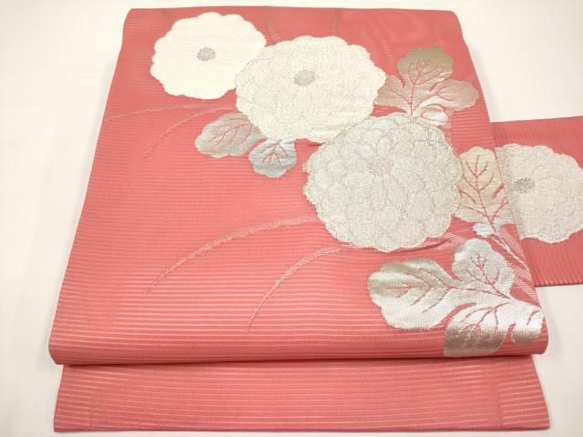 平和屋着物＊夏物　九寸名古屋帯　枝菊文　銀糸　正絹　逸品　未使用　CABI8614tx