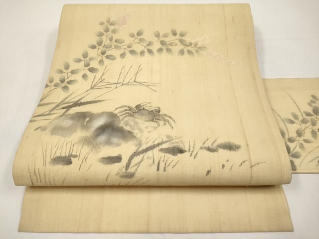 平和屋着物＊夏物　九寸名古屋帯　手描き　カニ　蟹　麻　逸品　CABI8620tx