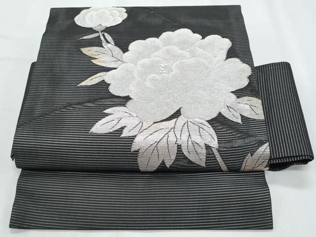 平和屋着物＊夏物　つけ帯　草花文　黒地　銀糸　正絹　逸品　CABI5662fb