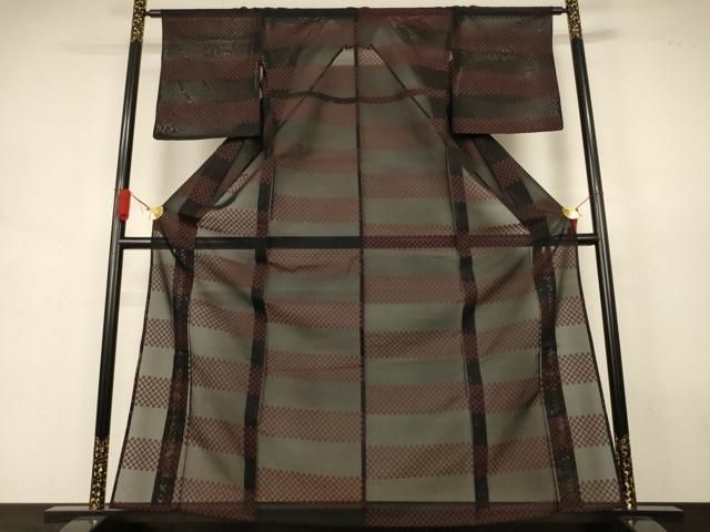 平和屋着物＊夏物　小紋　紗　市松横段文　正絹　逸品　AABJ9066jd