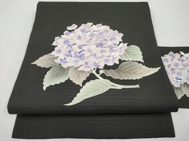 平和屋着物＊夏物　絽塩瀬　九寸名古屋帯　手描き　紫陽花　黒地　正絹　逸品　CABI8554tx