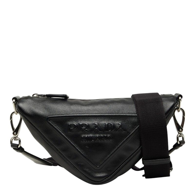 プラダ 三角ロゴプレート 斜め掛け ショルダーバッグ ブラック レザー レディース PRADA【1-0270878】