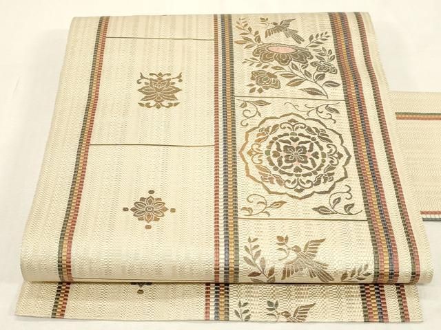 平和屋着物●本場筑前博多織　八寸名古屋帯　花鳥文　名古屋仕立て　正絹　逸品　CABG9372dy