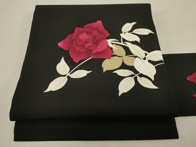 平和屋着物●塩瀬　九寸名古屋帯　草花文　黒地　金彩　正絹　逸品　CABG9374dy