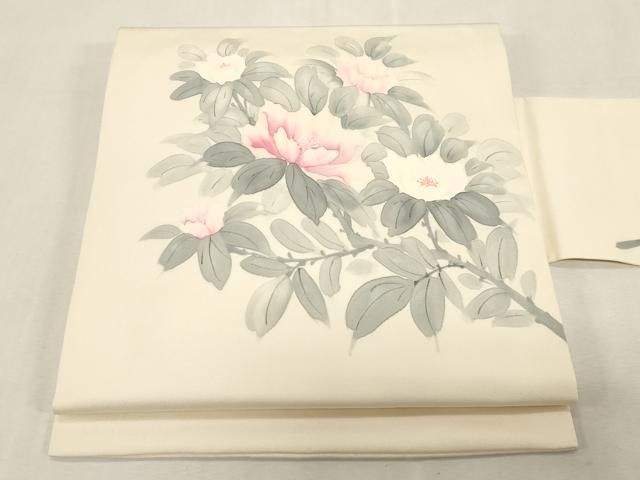 平和屋着物●塩瀬 九寸名古屋帯 手描き 草花文 正絹 逸品 CABG9376dy