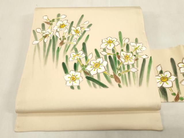 平和屋着物●塩瀬　九寸名古屋帯　手描き　睡蓮　正絹　逸品　CABG9378dy