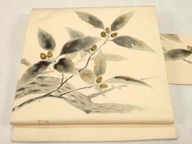 平和屋着物●塩瀬　九寸名古屋帯　作家物　手描き　どんぐり　金彩　正絹　逸品　CABG9386dy