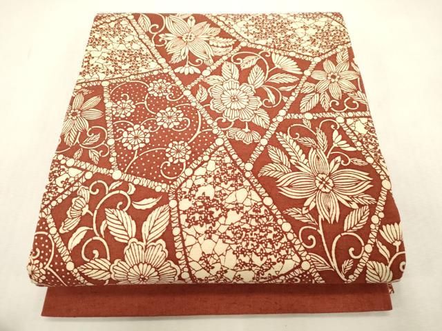 平和屋着物●九寸開き名古屋帯　紬地　型染め　切嵌草花文　正絹　逸品　CABG9389dy