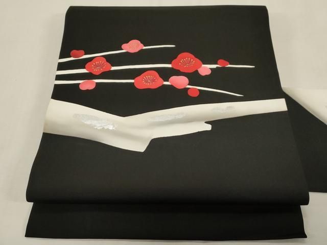 平和屋着物●塩瀬　九寸名古屋帯　枝梅文　黒地　金銀彩　正絹　逸品　CABG9394dy