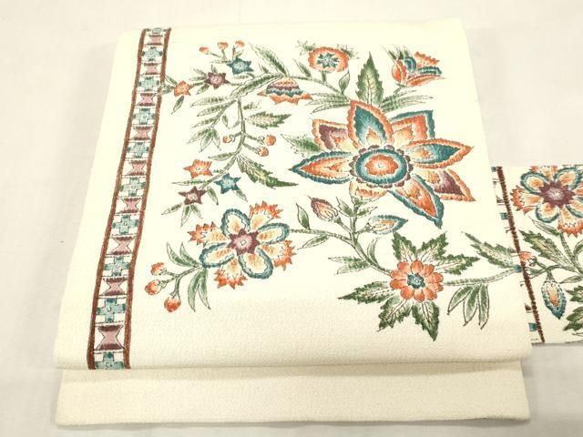 平和屋着物●九寸名古屋帯　手描き　更紗花文　正絹　逸品　CABG9397dy