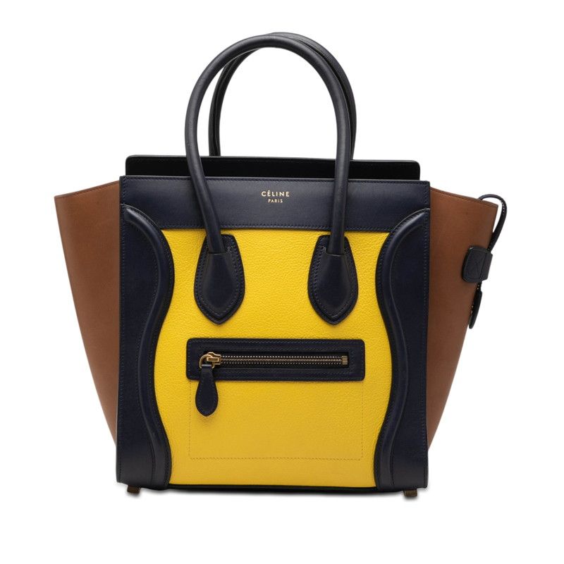 セリーヌ ラゲージ マイクロショッパー ハンドバッグ トートバッグ イエロー ブラウン ネイビー レザー レディース CELINE【1-0273787】