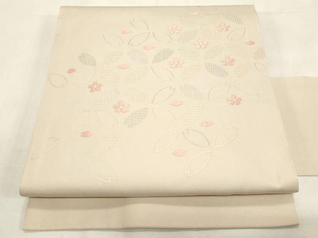 平和屋着物●塩瀬　九寸名古屋帯　総刺繍　舞桜文　正絹　逸品　CABG9402dy