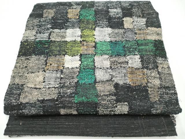 平和屋着物●八寸名古屋帯　紬地　市松文様　黒地　金糸　正絹　逸品　CABG9174hy