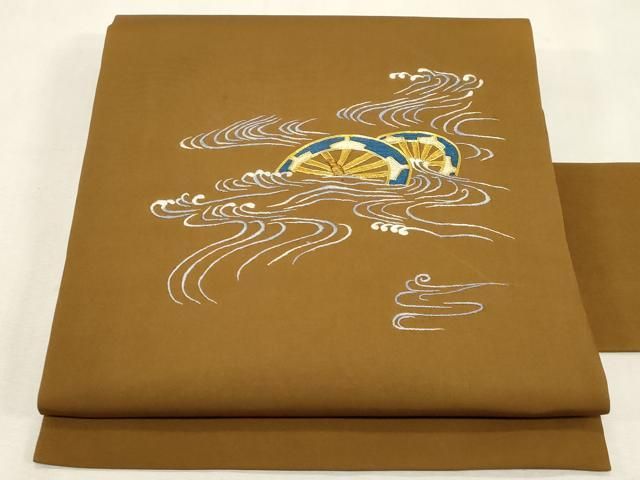 平和屋着物●塩瀬　九寸名古屋帯　駒刺繍　流水片輪車文　正絹　逸品　CABG9404dy
