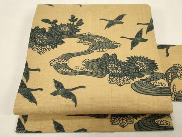 平和屋着物●九寸名古屋帯　紬地　藍　型染め　流水花鳥文　正絹　逸品　CABG9405dy