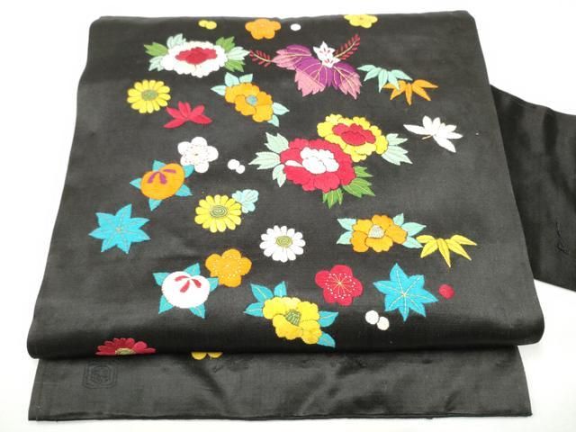 平和屋着物●アンティーク　大正ロマン　九寸名古屋帯　総手刺繍　草花文　黒地　金糸　正絹　逸品　CABG9179hy