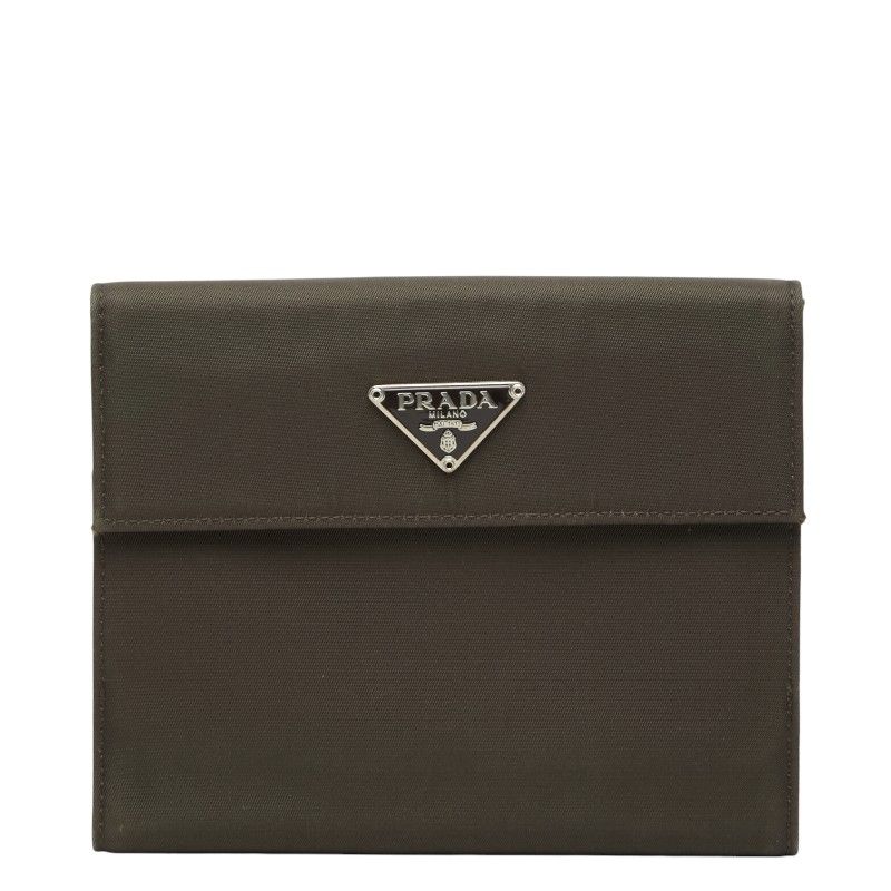 プラダ 三角ロゴプレート 二つ折り財布 カーキ グリーン ナイロン レザー レディース PRADA【1-0274171】