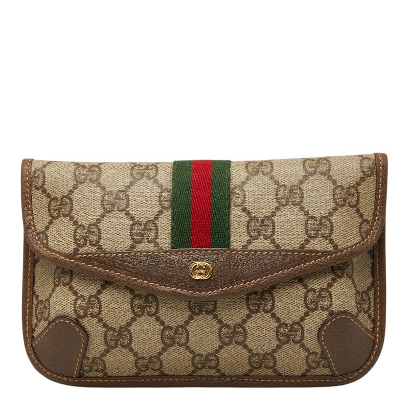 グッチ GGスプリーム シェリーライン ポーチ ベージュ ブラウン PVC レザー レディース GUCCI【1-0274356】