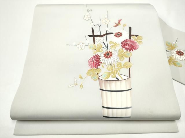 平和屋着物●塩瀬　九寸名古屋帯　駒刺繍　花籠文　金彩　正絹　逸品　CABG9193hy