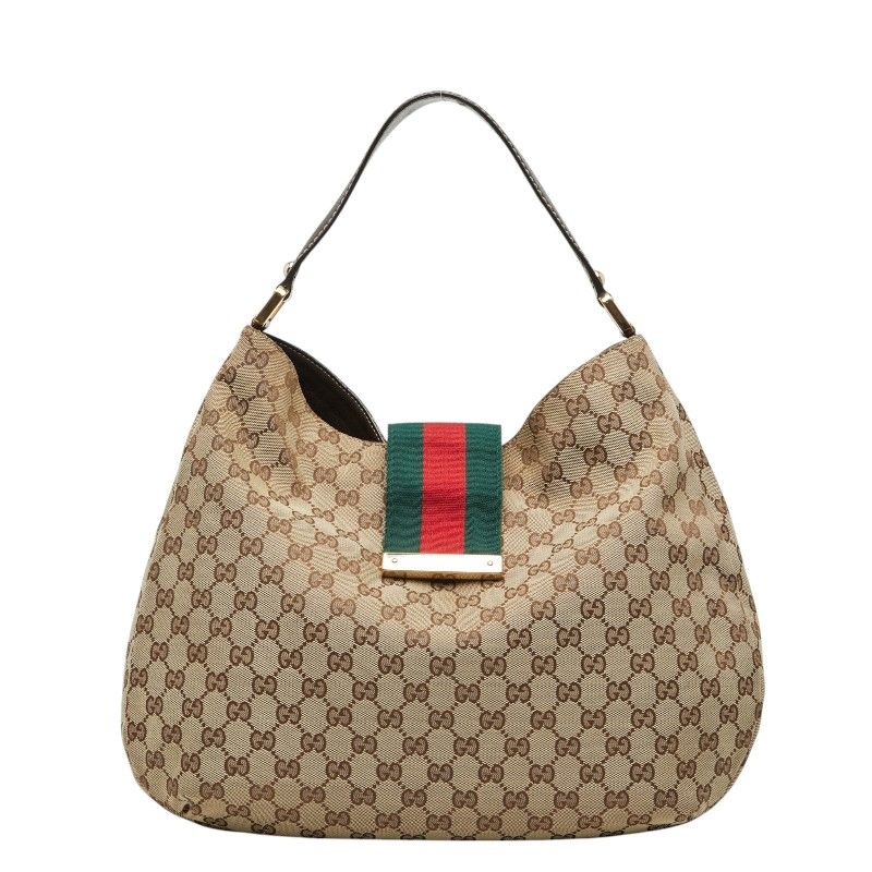 グッチ GGキャンバス シェリーライン ワンショルダーバッグ 211933 ベージュ ブラウン キャンバス レザー レディース GUCCI【1-0276157】