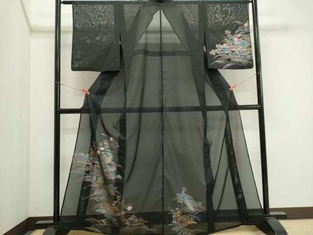 平和屋着物＊夏物　訪問着　絽　立波風景文　黒地　金銀彩　洗える着物　CABI6489ou