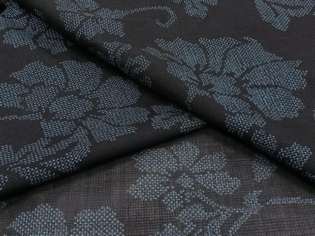 平和屋着物＊夏物　小紋　紗　更紗花唐草文　黒地　洗える着物　CABI3926xi