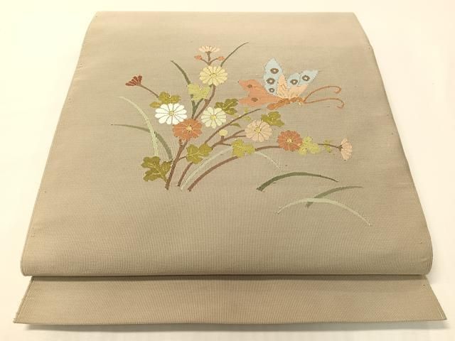平和屋着物●爪掻き本綴れ　八寸名古屋帯　花蝶文　金糸　正絹　逸品　CABG7817vp