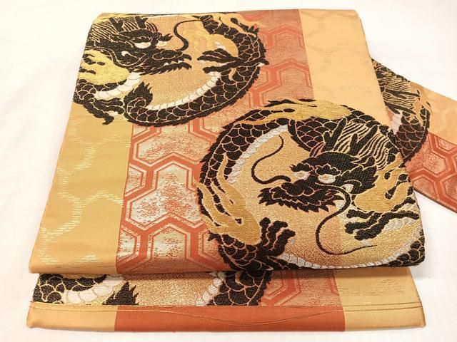 平和屋着物●アンティーク　大正ロマン　九寸名古屋帯　雲龍　金糸　正絹　逸品　CABG7826vp