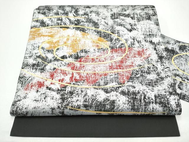 平和屋着物●塩瀬　九寸名古屋帯　駒刺繍　流水文　黒地　金銀彩　正絹　逸品　CABG8915hy