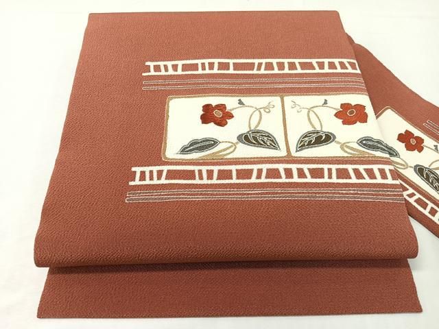 平和屋着物●九寸名古屋帯　刺繍　草花文　鬼しぼ縮緬　正絹　逸品　CABG7910vp