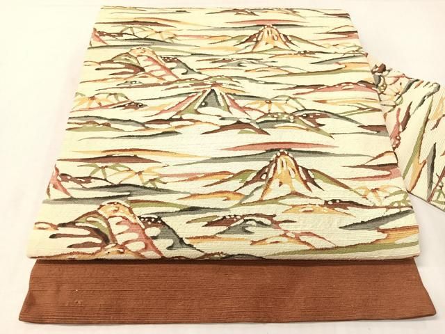 平和屋着物●九寸名古屋帯　紬地　型染め　重ね山文　正絹　逸品　CABG7919vp