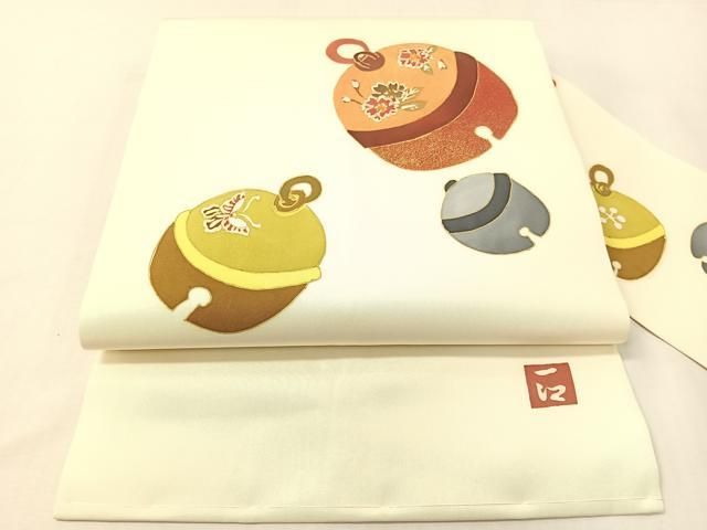 平和屋着物●塩瀬　九寸名古屋帯　作家物　鈴花蝶文　金彩　正絹　逸品　未使用　CABG7968vp