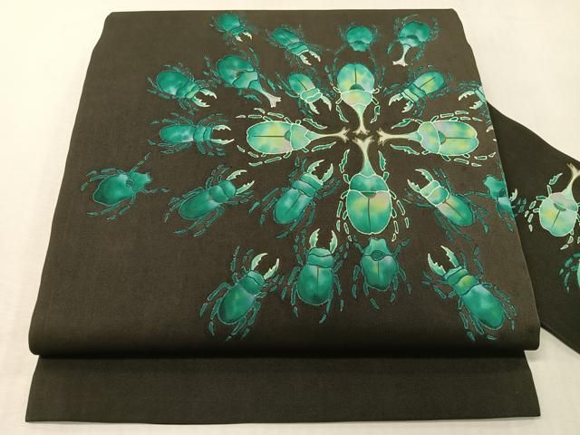 平和屋着物●塩瀬　九寸名古屋帯　カブトムシ　クワガタムシ　黒地　金彩　正絹　逸品　CABG7974vp