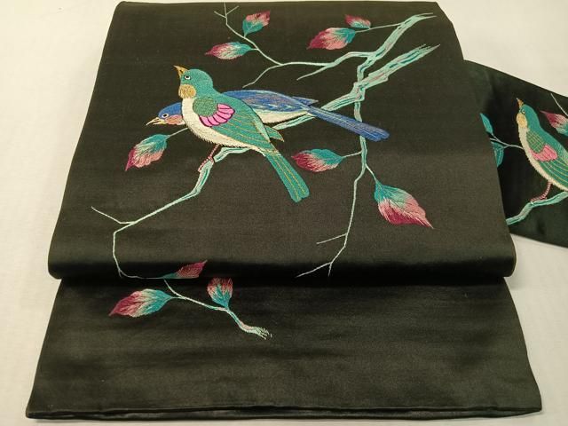平和屋着物●アンティーク　大正ロマン　総手刺繍　九寸名古屋帯　休み鳥　黒地　金銀糸　正絹　逸品　CABG7975vp 37,180円