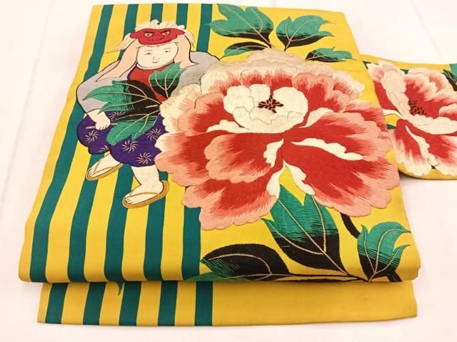 平和屋着物●アンティーク　大正ロマン　九寸名古屋帯　総刺繍　牡丹人物文　金糸　正絹　逸品　BAAX3381yc