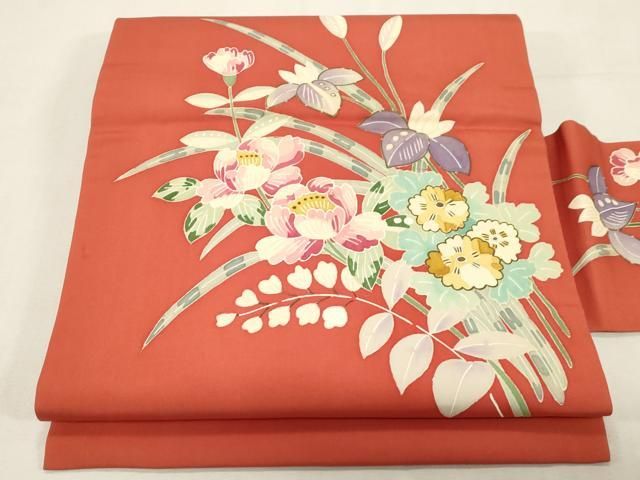 平和屋着物●塩瀬　九寸名古屋帯　草花文　金彩　正絹　逸品　CABG9366dy