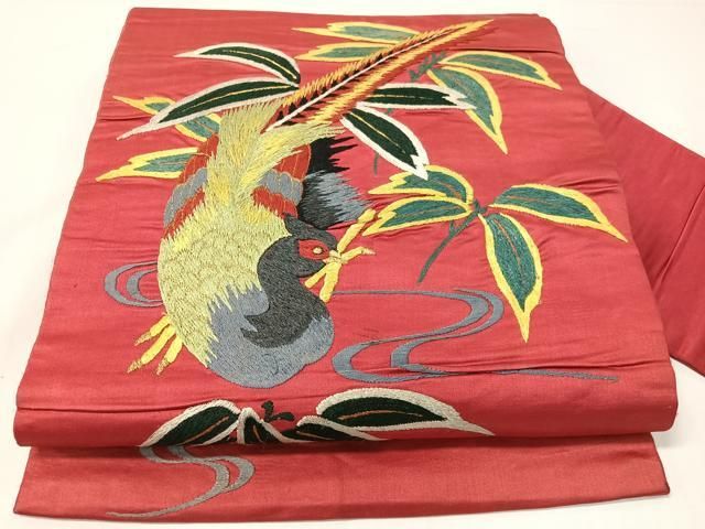 平和屋着物●アンティーク　大正ロマン　総手刺繍　九寸名古屋帯　尾長鳥　正絹　逸品　CABG7798vp