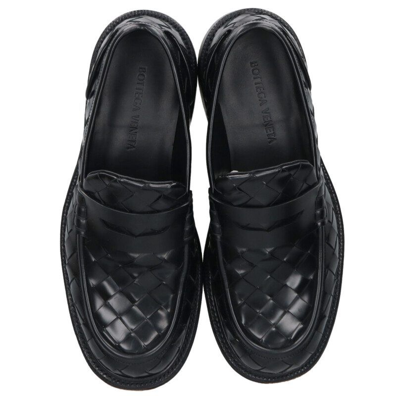 BOTTEGA VENETA ブラックレザー ローファー　サイズ43 ボッテガヴェネタ イントレチャートレザーローファー メンズ 43 - メルカリ