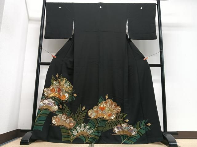 平和屋着物□豪華黒留袖 駒刺繍 松文 金彩 正絹 逸品 CABH4283xe